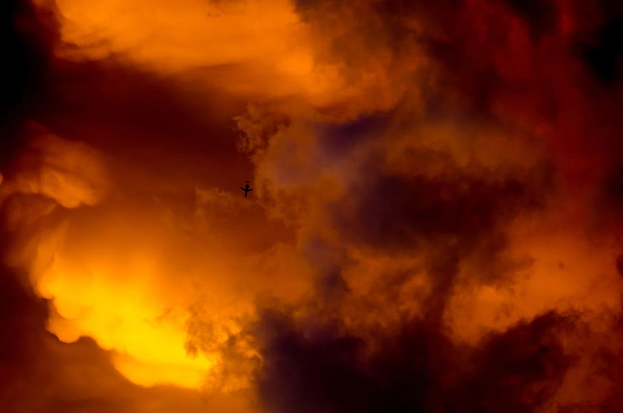 Airplane Silhouette and Orange Sky, aeroplane, clouds, storm HD wallpaper