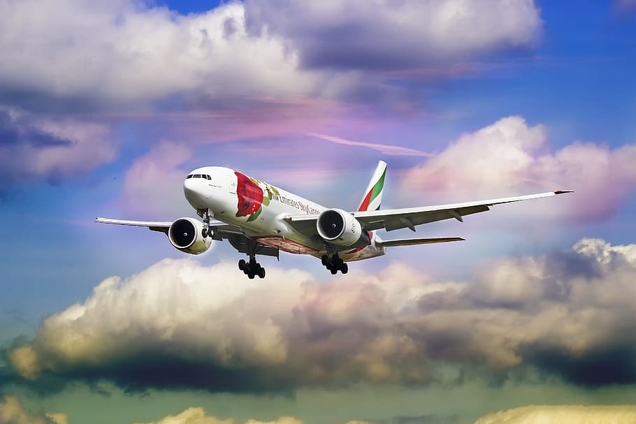 white and red airbus flying under cloudy sky, emirate, airline, HD wallpaper