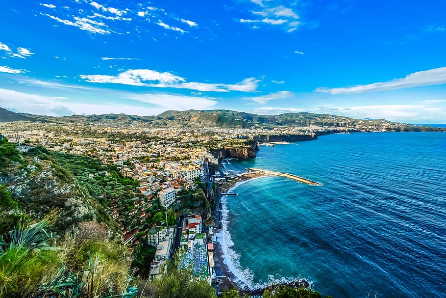 view of sea shore from high area, Amalfi, Coast, Shoreline, Italy, HD wallpaper