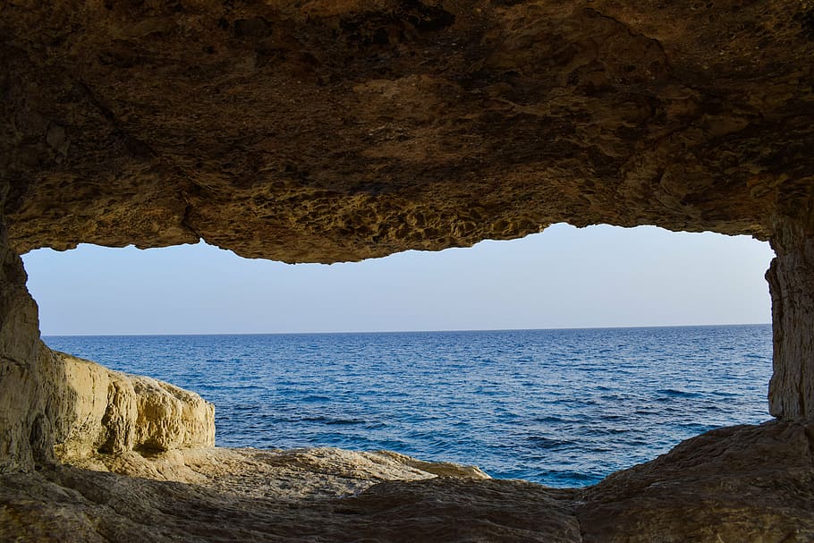 blue ocean water, cave, sea, nature, window, cavo greko, cyprus HD wallpaper