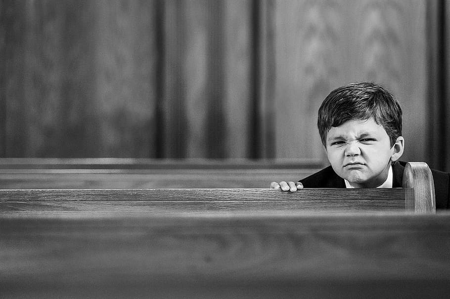 grayscale photography of boy sitting on pew, face, wrinkle HD wallpaper