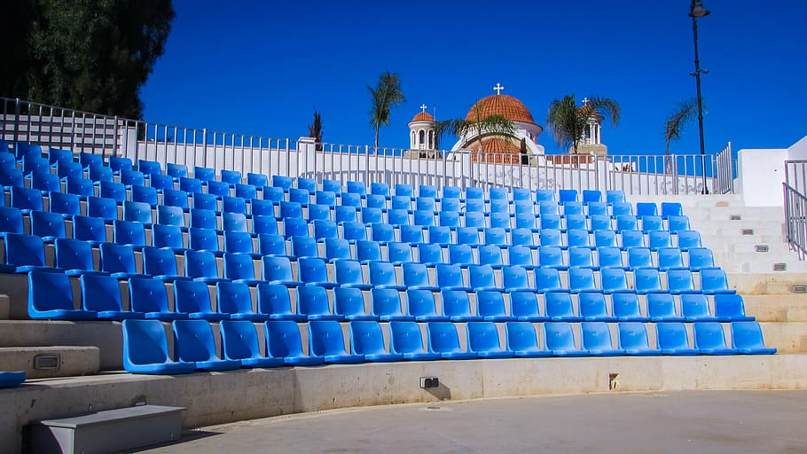 open theater, amphitheater, seats, empty, blue, liopetri, cyprus HD wallpaper