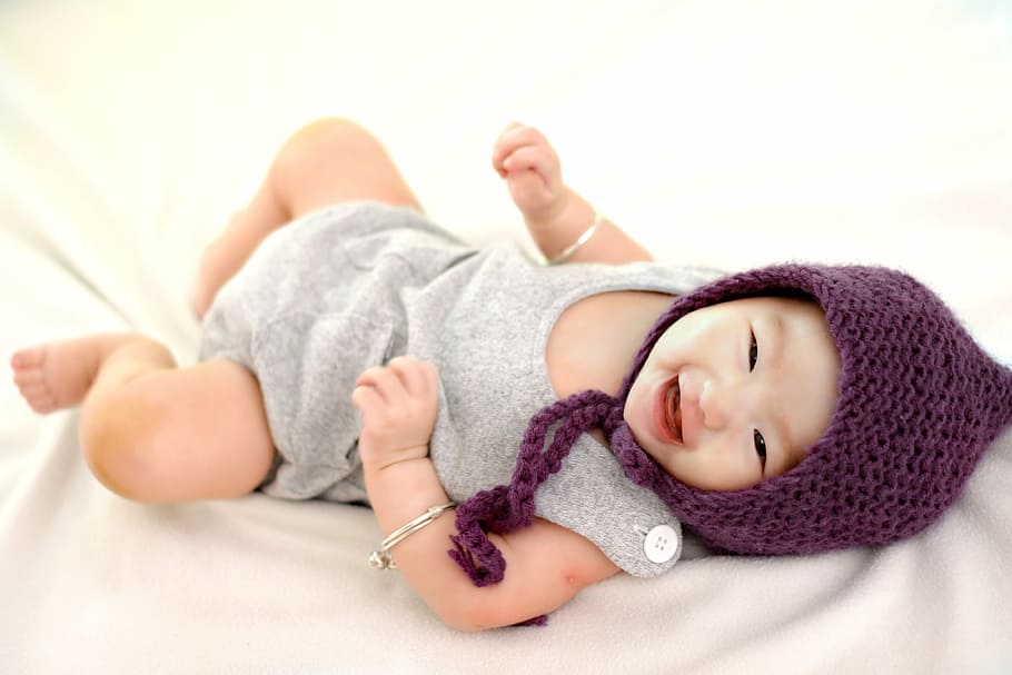 baby wearing purple aviator hat, paternity, child care, cute, HD wallpaper