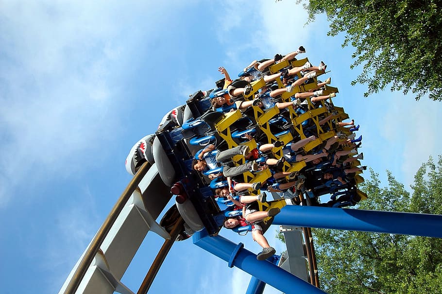 people riding on roller coaster, thrill, amusement, park, entertainment, HD wallpaper