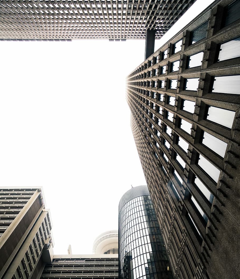 bird'seye view photography of building, lowangle photography of gray concrete city high-rise buildings at daytime HD wallpaper
