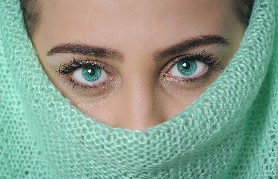 closeup photo of woman with teal knitted outfit, model, eye HD wallpaper
