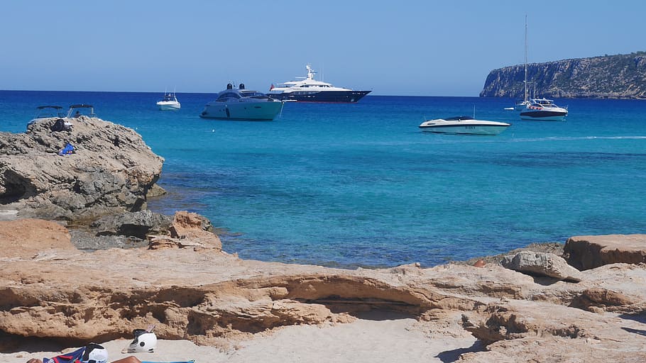 yacht docked near boats during daytime, ibiza, beach, yachts HD wallpaper
