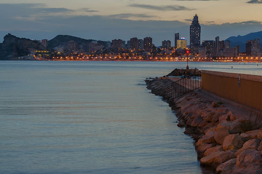 benidorm, water, evening, built structure, architecture, building exterior HD wallpaper