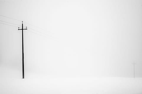 black utility post in snowfield, fog, tree, nature, branch HD wallpaper