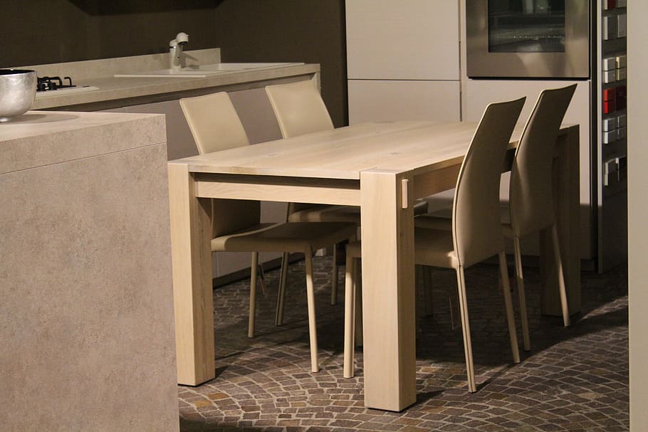 rectangular white wooden dining table set, chairs, interior HD wallpaper
