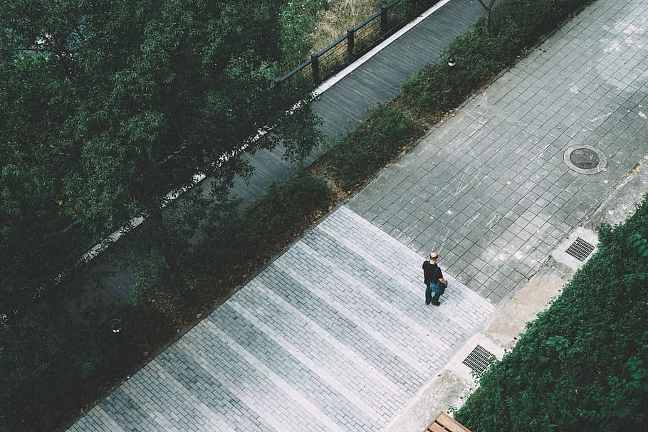 man walking on gray concrete road during daytime, bird eye HD wallpaper