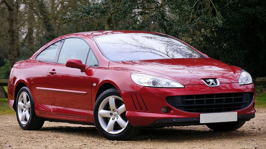 red Peugeot coupe, car, vehicle, transportation system, wheel, HD wallpaper
