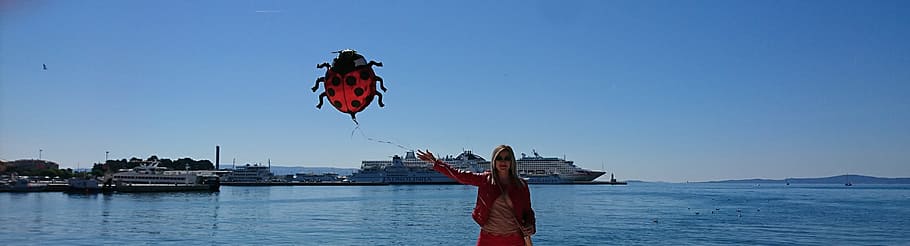 Split, Croatia, Ship, Seaside, blue sea, red jacket, ladybug HD wallpaper