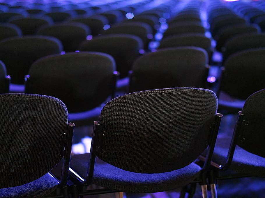 Conference Hall, black vacant chairs, auditorium, purple, order HD wallpaper