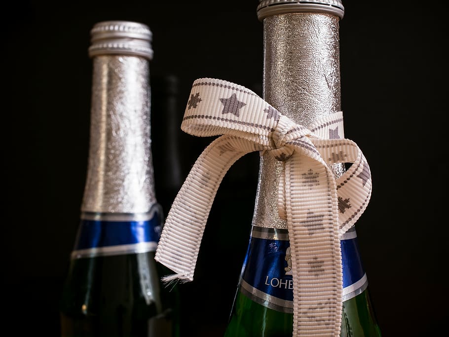 white bottle ribbon, champagne, piccolo, new year's eve, celebrate, HD wallpaper