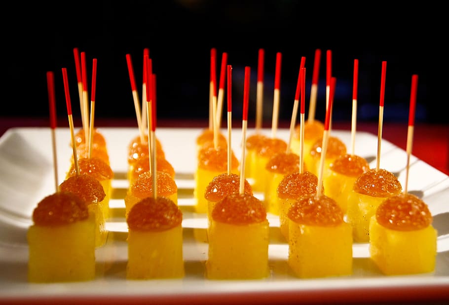 cube desserts with sticks on plate, culinary, catering, food, HD wallpaper