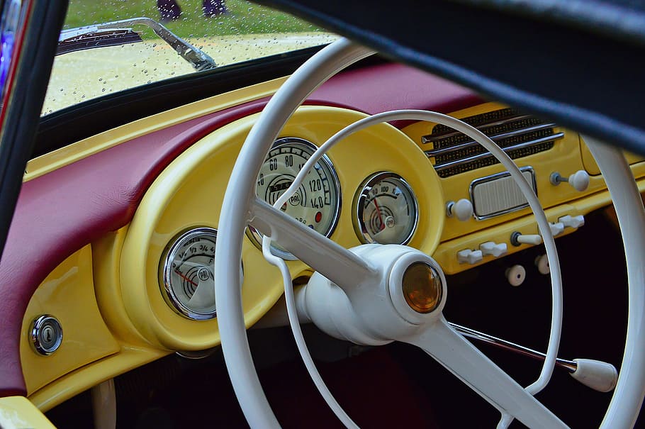 car, oldtimer, yellow, rain, old car, veteran, vintage vehicles HD wallpaper