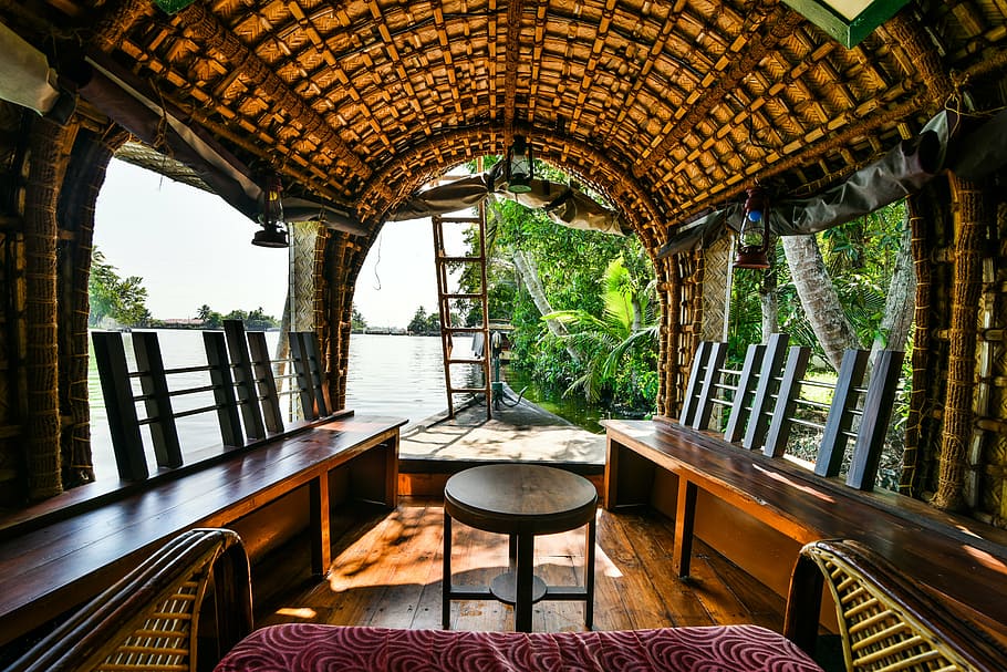 brown cottage interior, houseboat, backwater, kerala, india, tourism