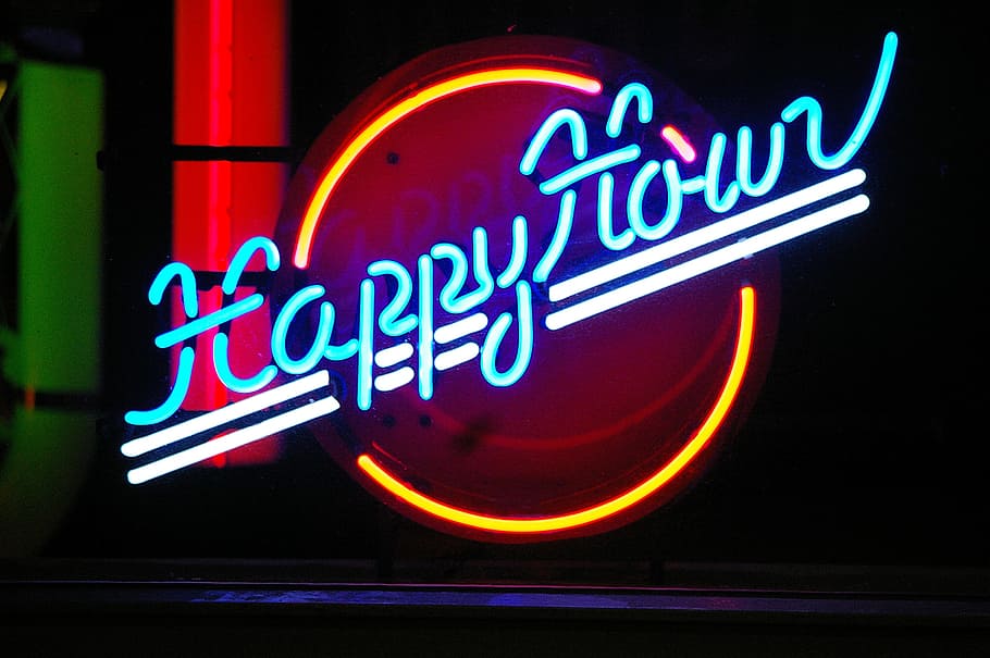 blue, yellow, and white Happy Hour neon sign, LED light, signage