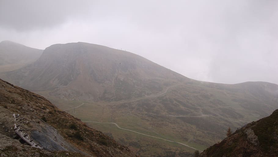 mountains, fog, trail, scenics - nature, beauty in nature, landscape HD wallpaper