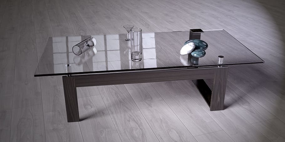 glasses on top of rectangular glass-top coffee table, glass table, HD wallpaper