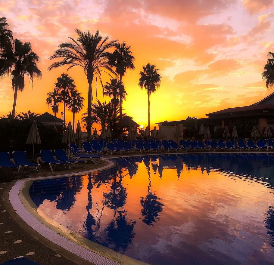 swimming pool under cloudy sky during sunset, Tenerife, Beauty, HD wallpaper