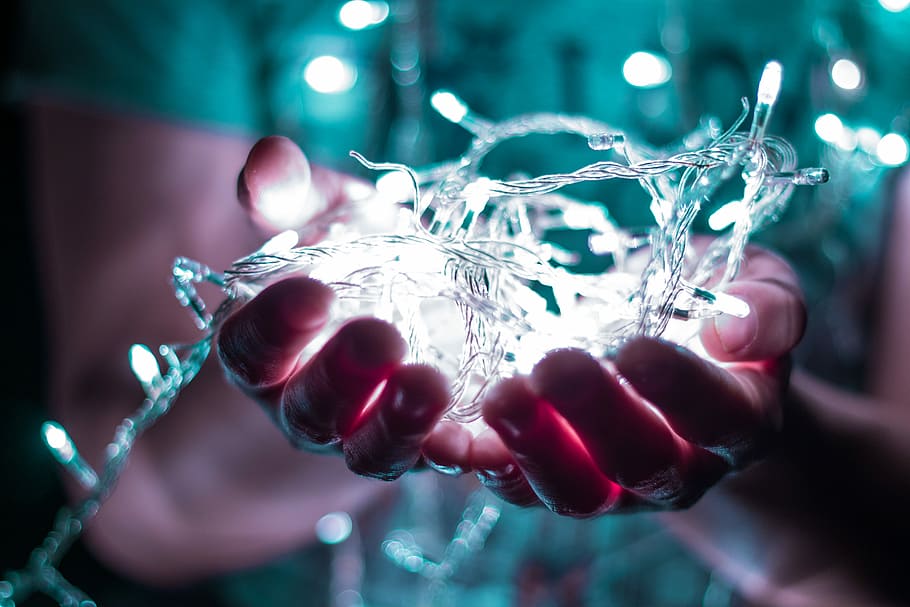 person holding string lights, person holding string lights with light HD wallpaper