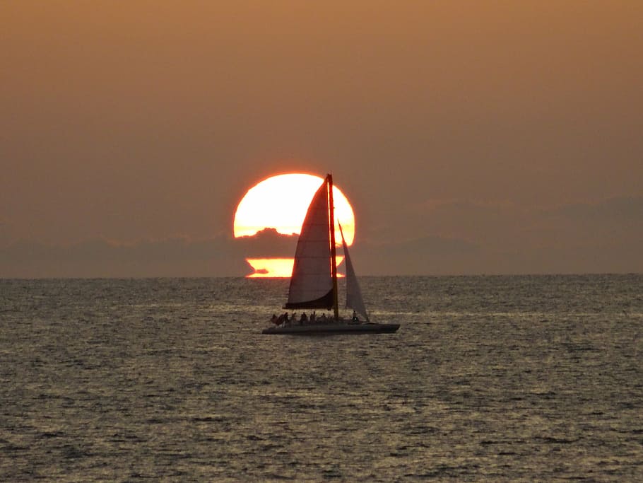 boat, sunset, mar, beach, horizon, sea, sky, water, nautical vessel HD wallpaper