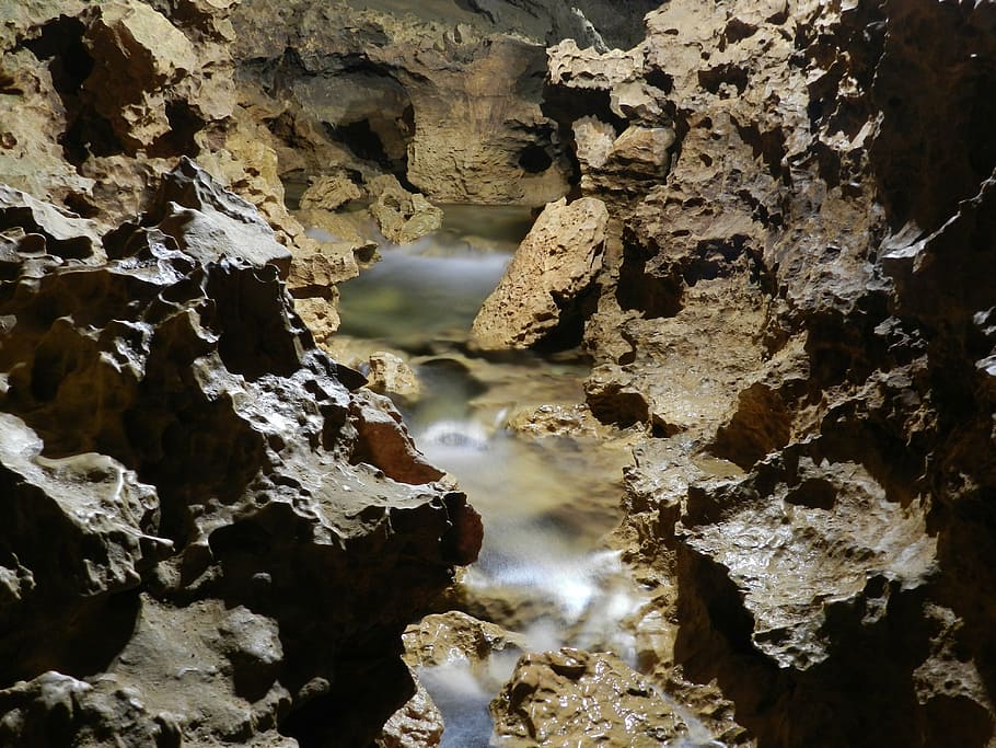 cave, underground river, rocks, rock - object, solid, nature HD wallpaper