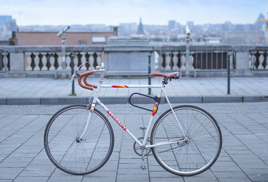 shallow focus photography of gray racing bicycle, white and orange road bike