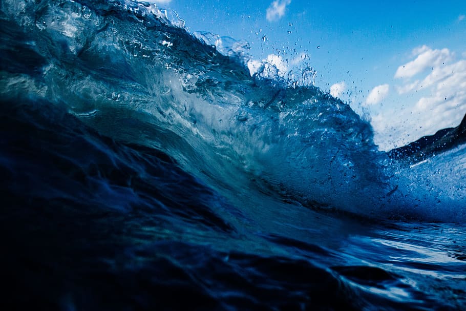 seawave at daytime, blue, clouds, nature, ocean, water, motion HD wallpaper