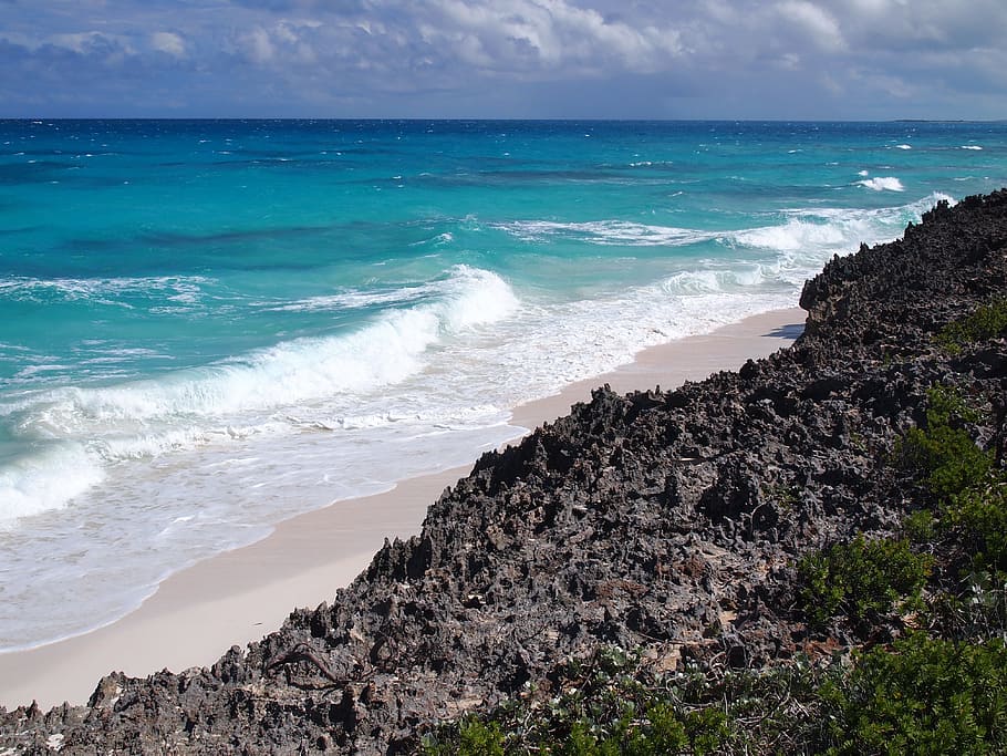 sea waves, bahamas, coast, surf, ocean, exuma, water, beach, land, HD wallpaper