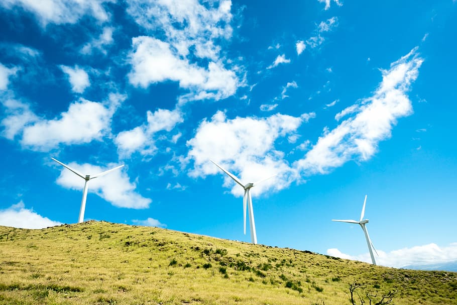 white wind turbine, green, grass, grassland, mountain, landscape, HD wallpaper