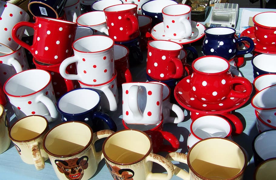 cups, polka dots, ceramic, large group of objects, variation HD wallpaper