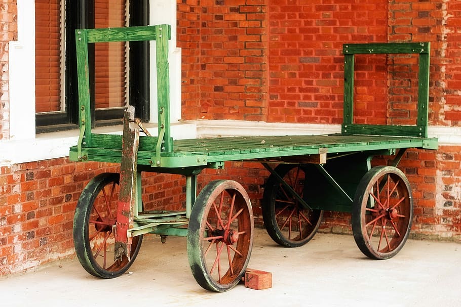Wagon, Wheels, Brick, Wall, green, orange, transportation, brick wall HD wallpaper