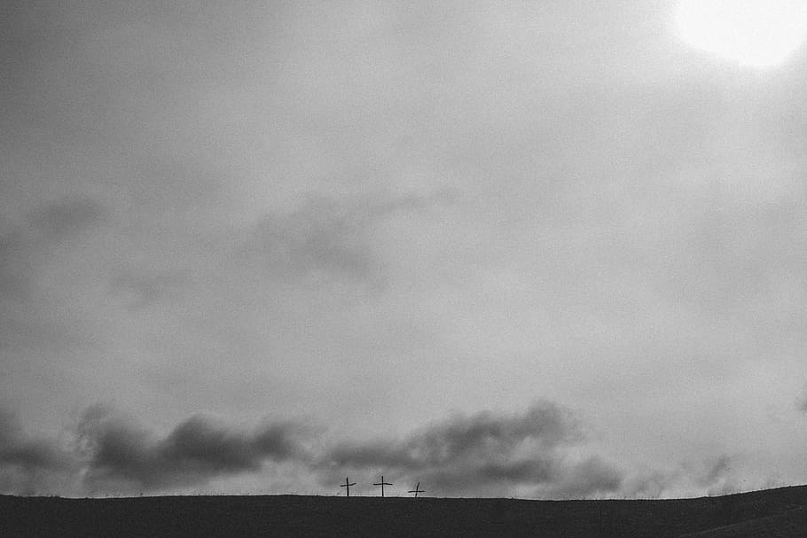 three cross under cloudy sky, grayscale photo of clouds, hill HD wallpaper