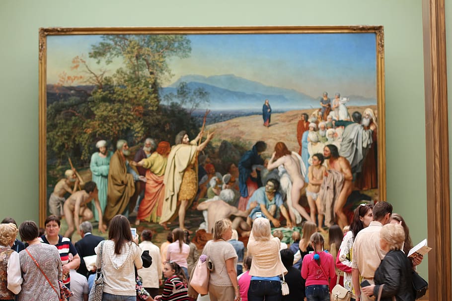 people looking at religious painting, gallery, tretyakov, moscow, HD wallpaper