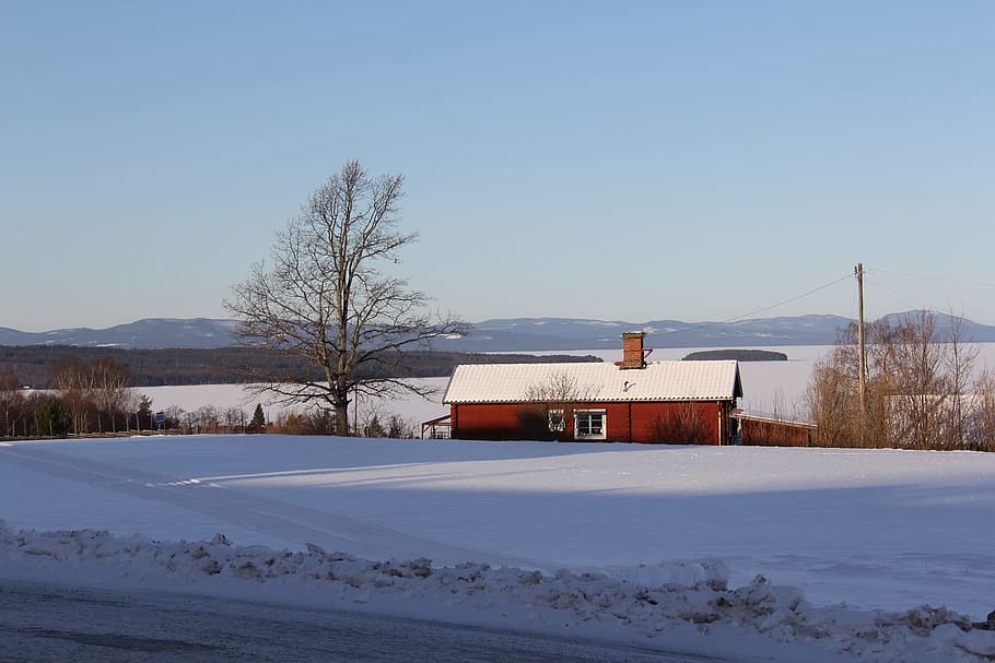Snow, Winter, Cold, Beautiful, red, traditional, wood, cottage HD wallpaper