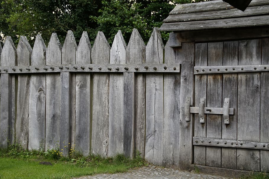 fence, palisade, door, goal, closed, wood fence, paling, demarcation, HD wallpaper