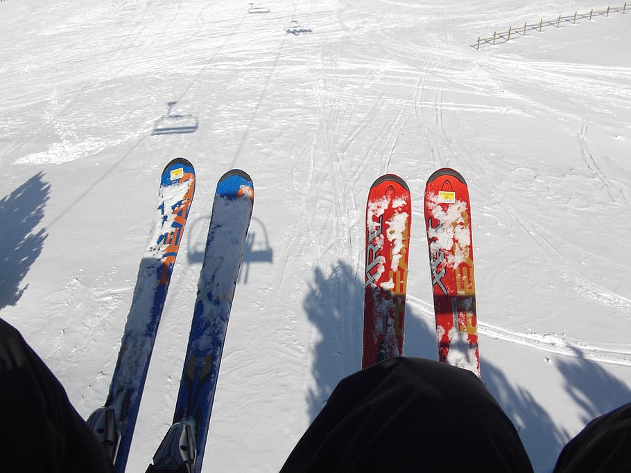 pair of red ski boards, ski lift, skiing, skis, lifts, winter, HD wallpaper