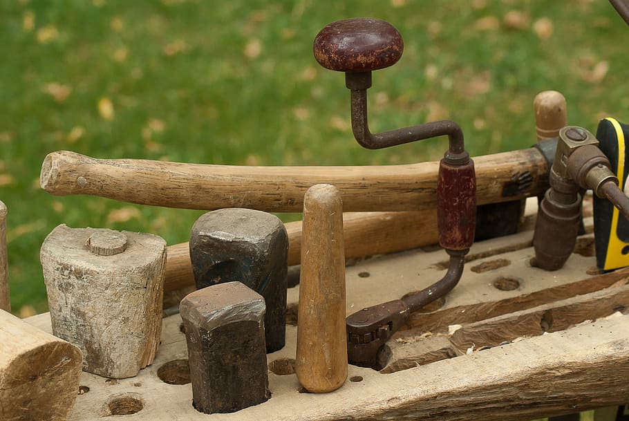 hand tools on top of brown rack, artisan, carpenter, metal HD wallpaper