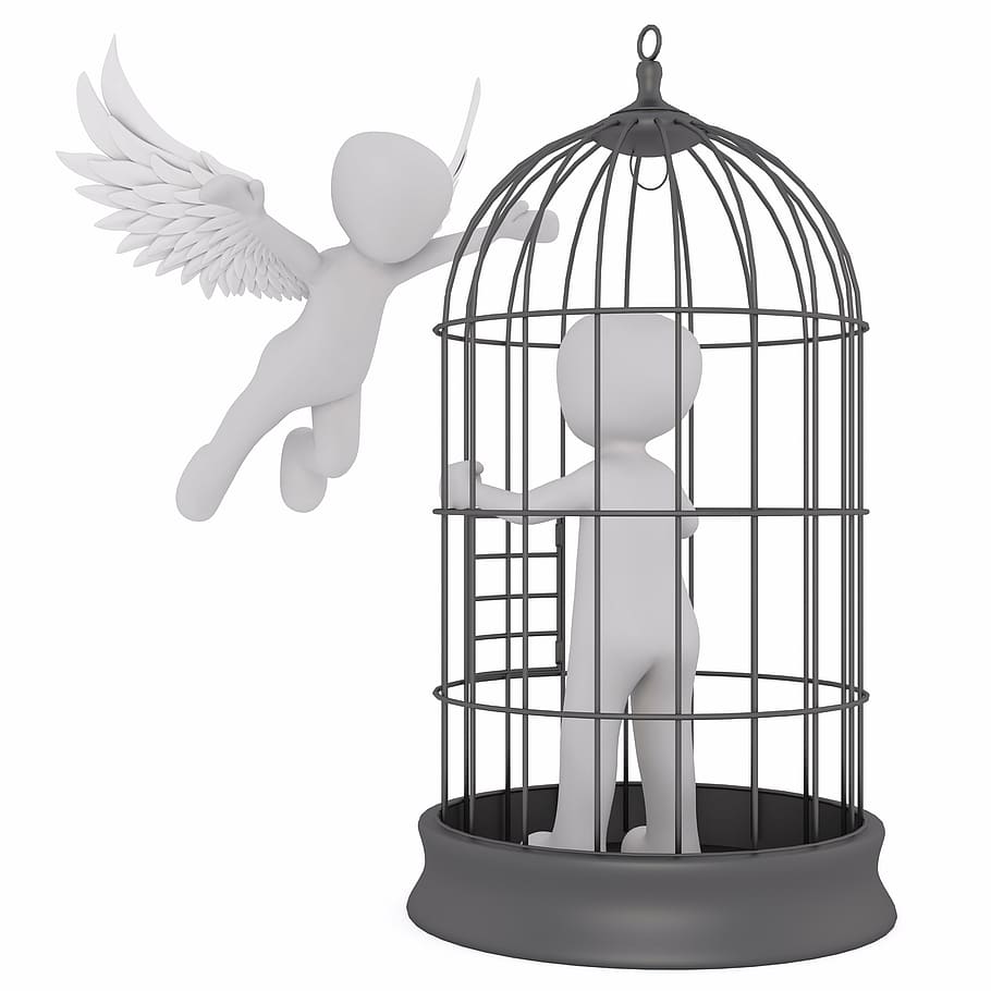 person in black metal cage near angel illustration, males, 3d model HD wallpaper