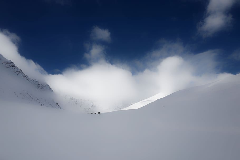 mountain, snow, winter, clouds, sky, people, men, skier, skiing HD wallpaper