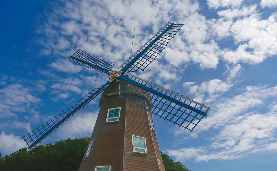 windmill, hill, sky, landscape, nature, cloud, scenery, park HD wallpaper