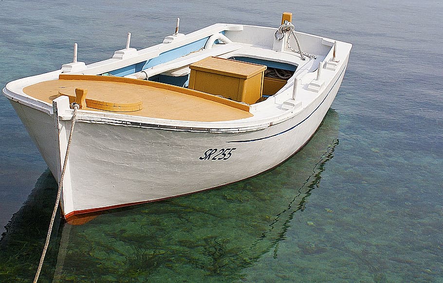 white and brown wooden rowboat on body of water, see, clean HD wallpaper