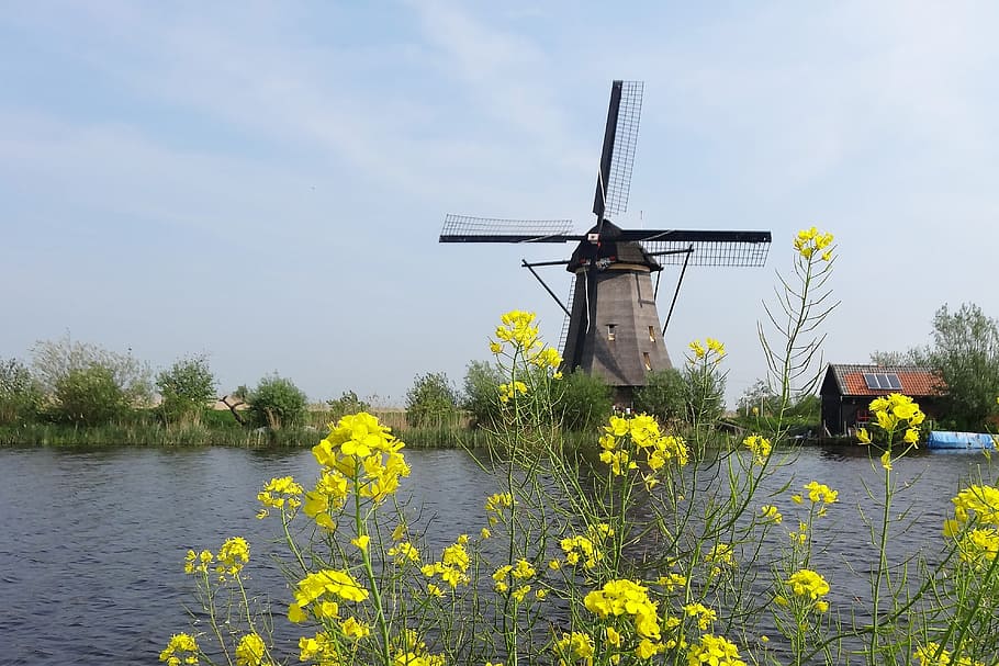 windmill near calm body of water, nature, landscape, sky, tourist HD wallpaper