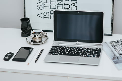 Laptop computer on white desk, interior, minimal, workspace, workplace HD wallpaper