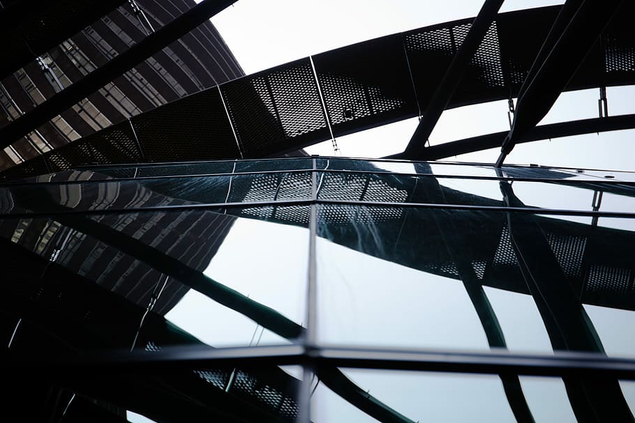 low-angle photography of state of the art building, gray building HD wallpaper
