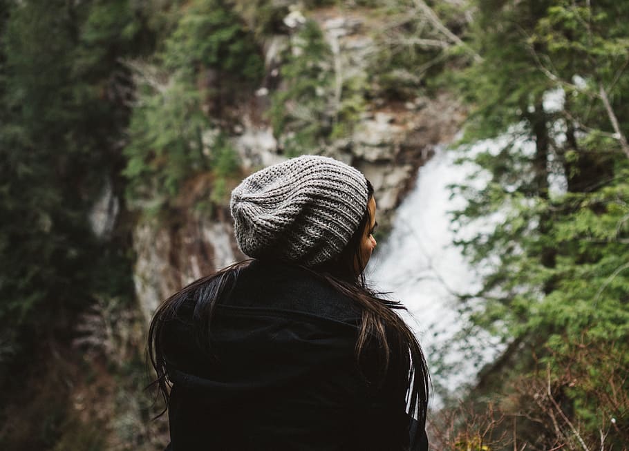 people, girl, thinking, alone, cold, jacket, cap, nature, mountain HD wallpaper