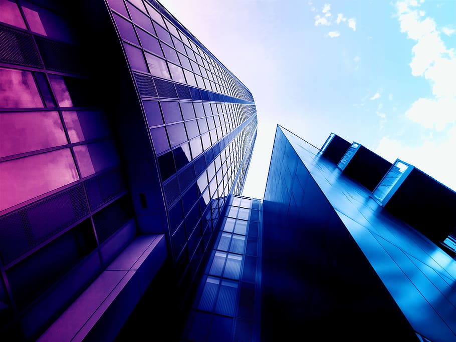 sky, building, architecture, skyscraper, glass items, low angle shot HD wallpaper